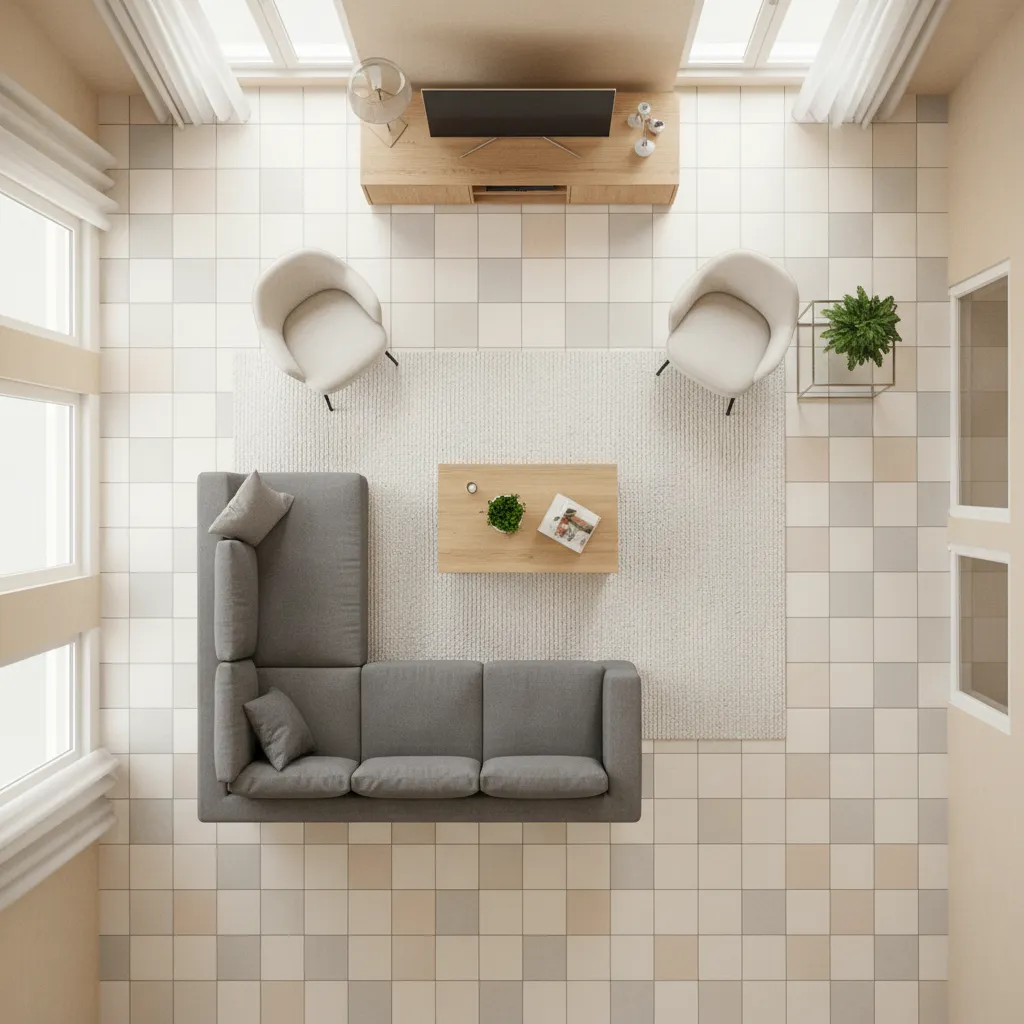 3D floor layout showing tile pattern planning in a living room