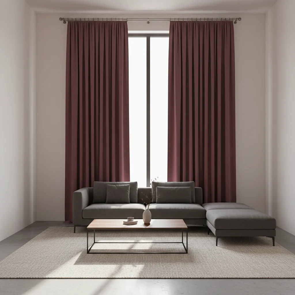 Floor length burgundy curtains installed above window frame for taller visual effect