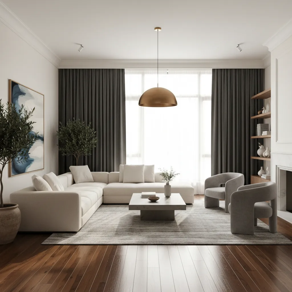 Floor length dark curtains installed high above window for better proportions