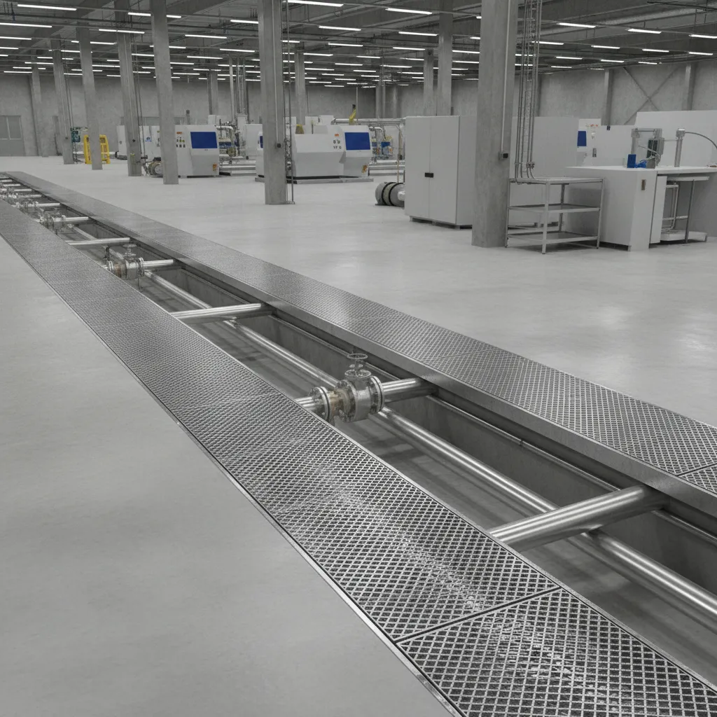 Industrial floor piping installed in trench system with metal covers