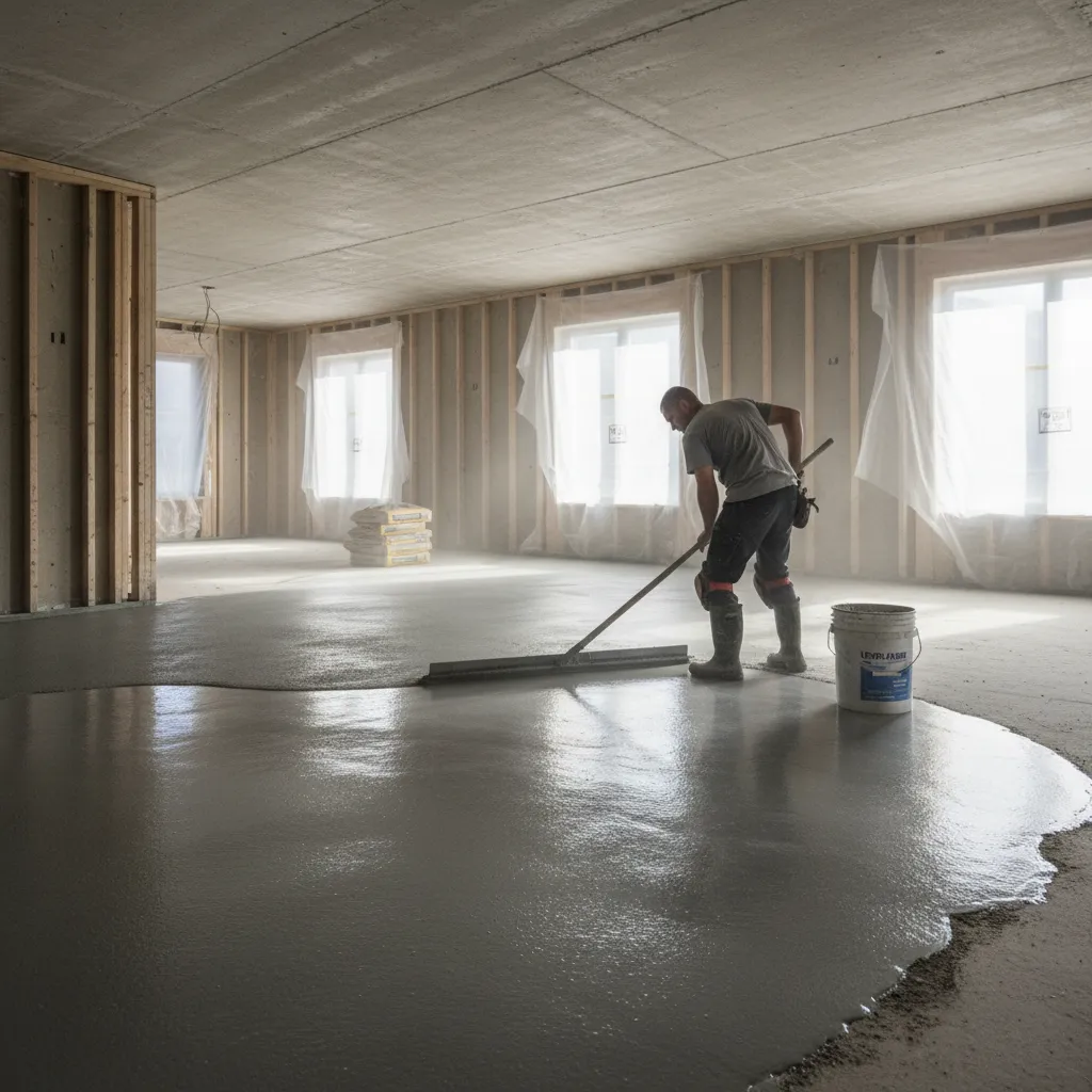 Contractor applying self leveling compound to uneven concrete floor