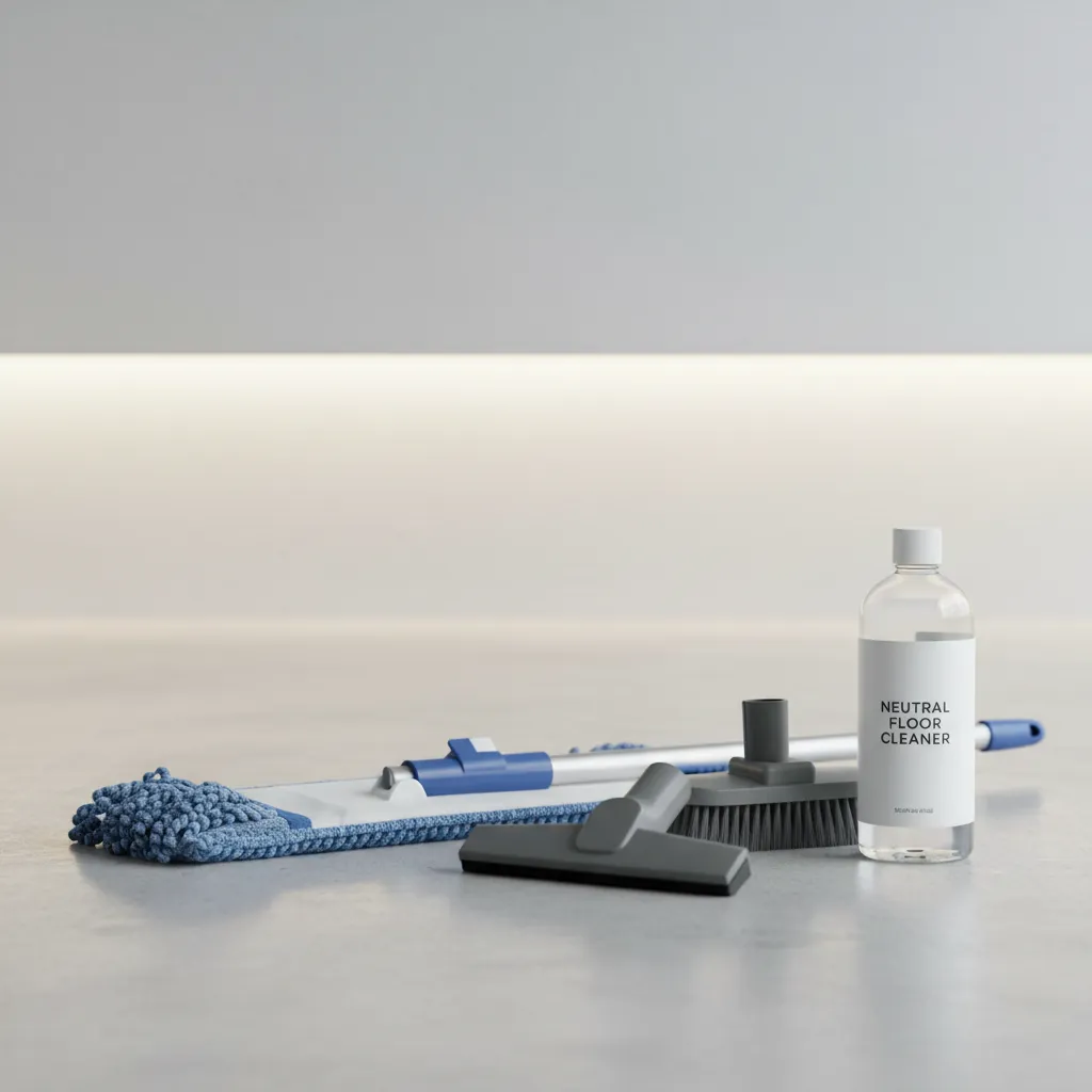 Professional floor cleaning tools including microfiber mop and vacuum for vinyl flooring