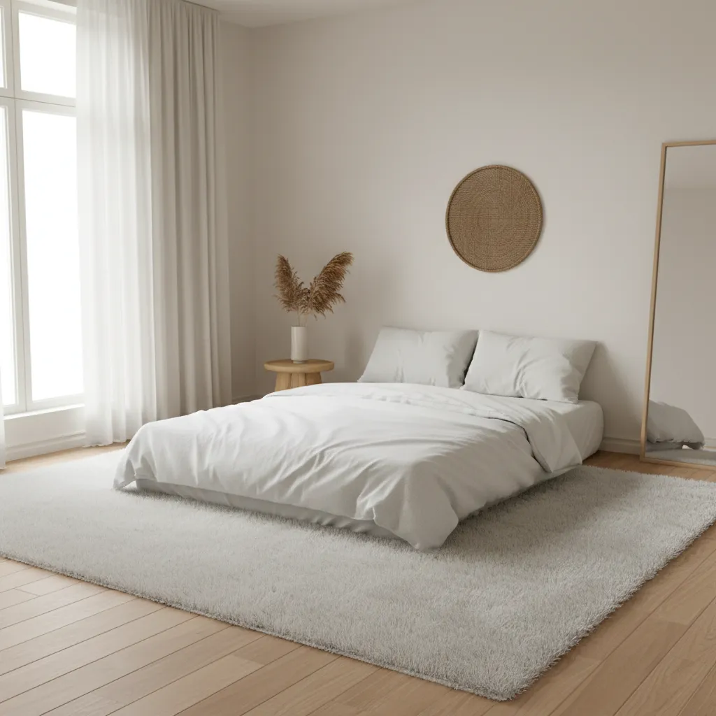 Floor mattress placed on a large textured rug in a minimalist bedroom