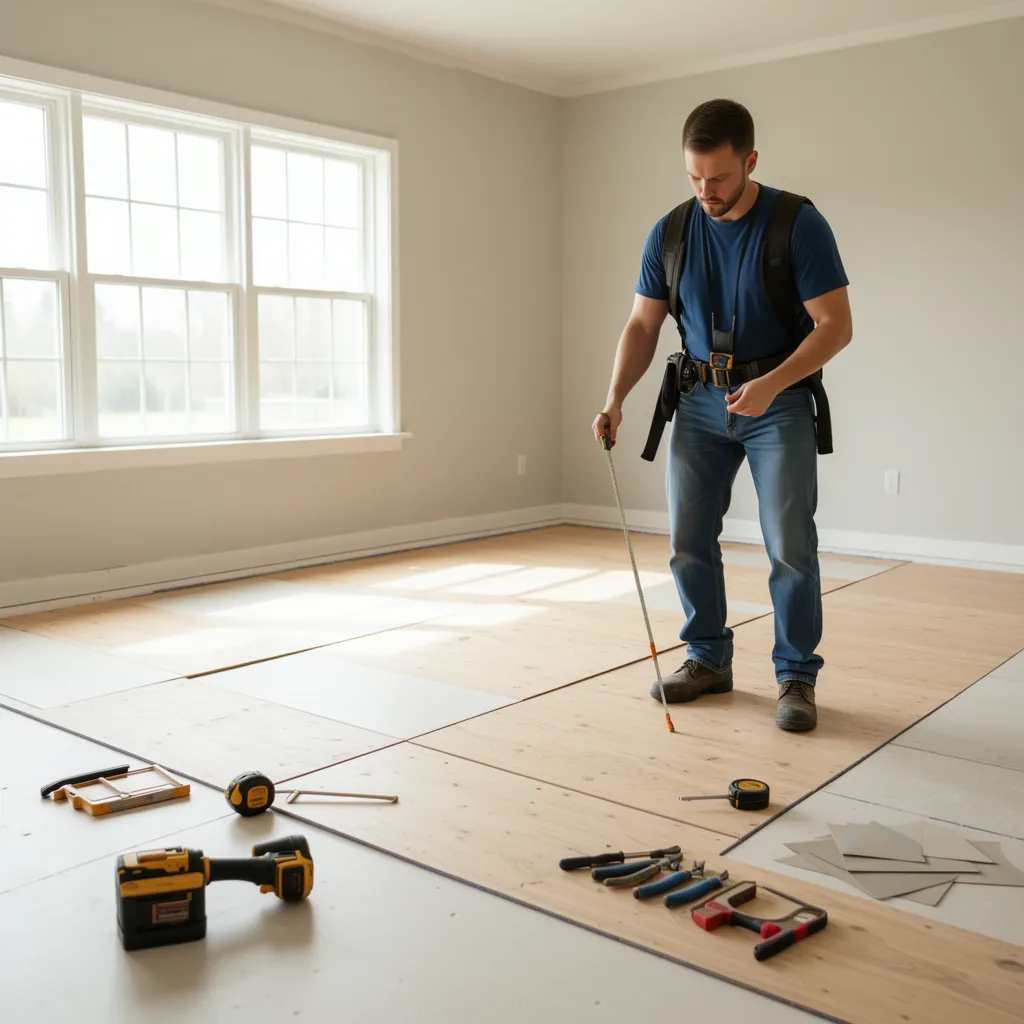 professional flooring installer measuring room layout before installation