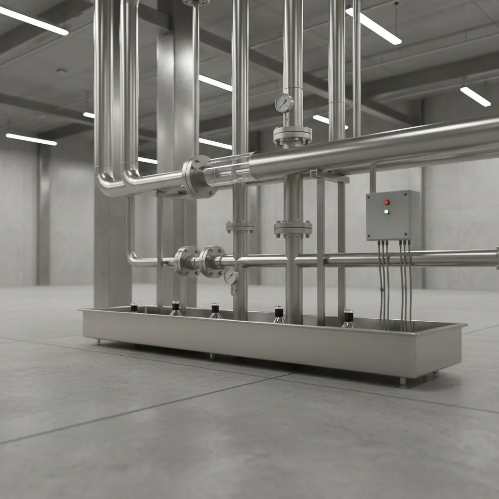 Industrial pipe mounted above containment tray for leak detection