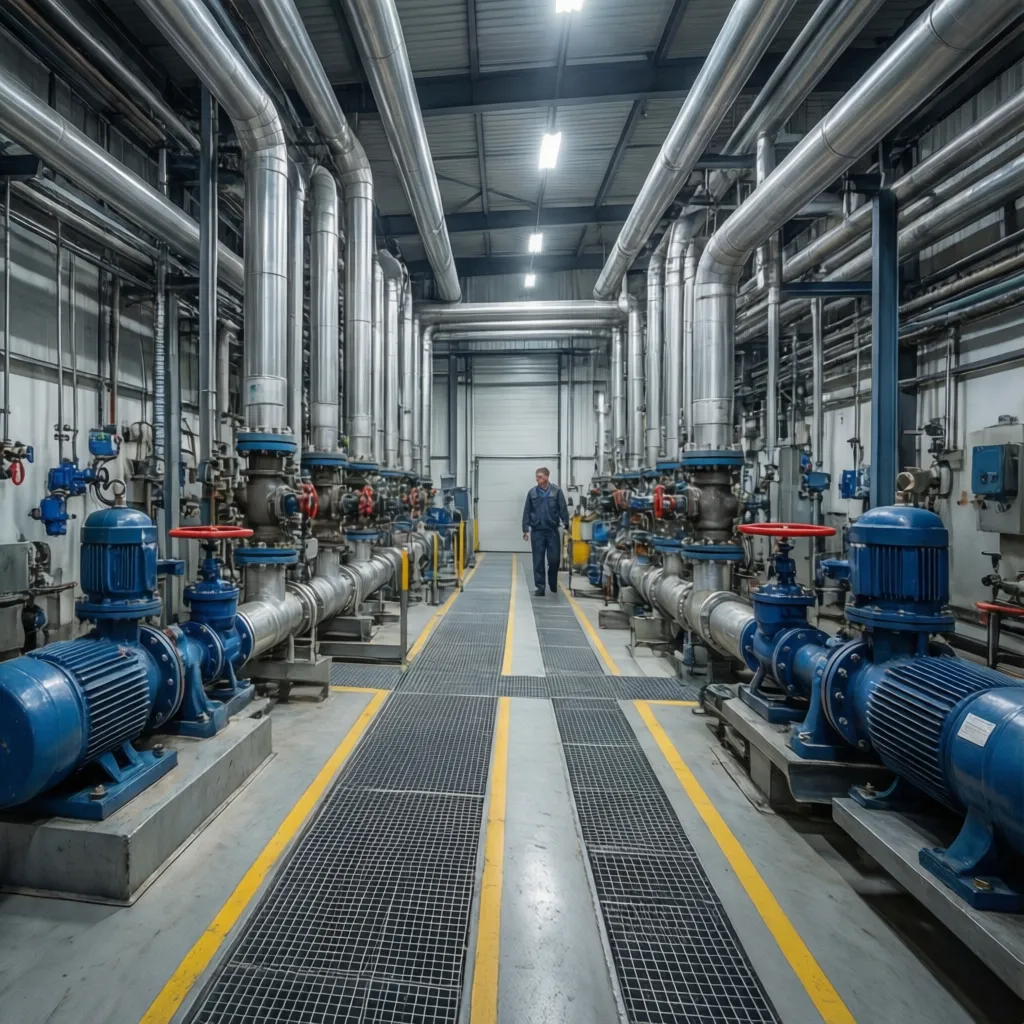 Industrial piping layout with maintenance access space around valves
