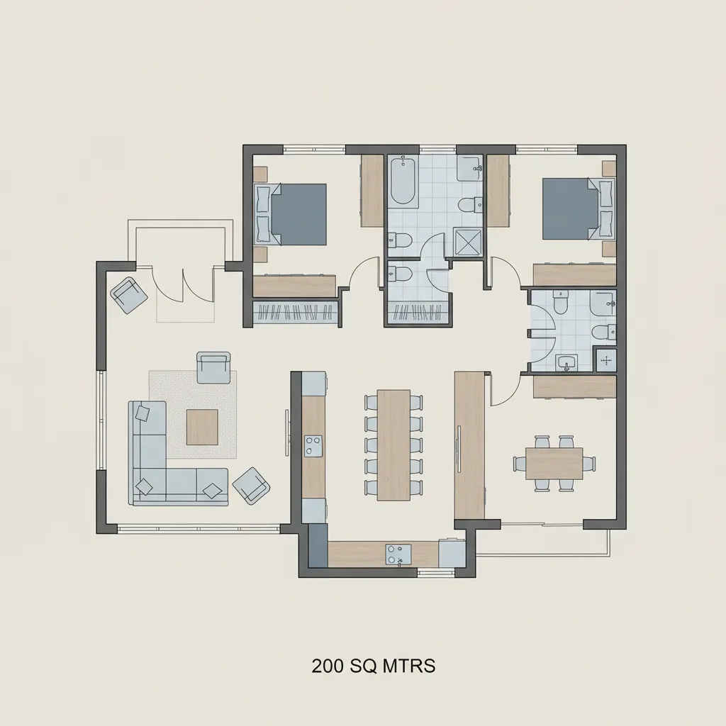 Plano arquitectónico de una casa de 200 metros cuadrados con distribución clara