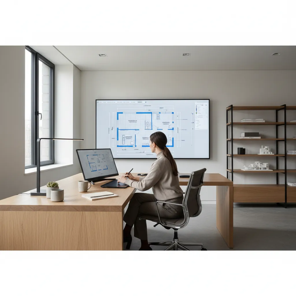Female designer working on blue room layout using tablet and large screen in modern office