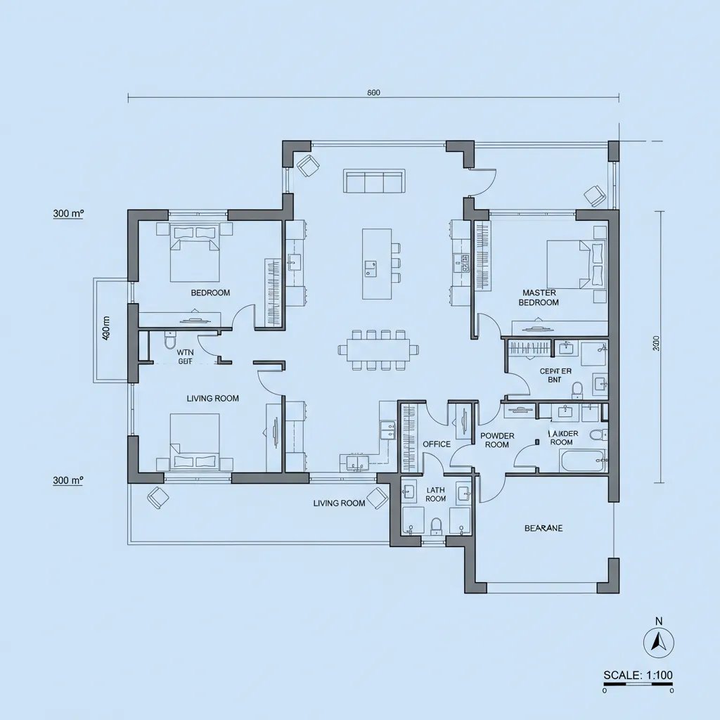 Plano arquitectónico de una casa de 300 metros cuadrados con zonas diferenciadas