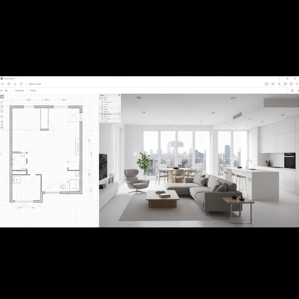 Interior design software interface showing floor plan conversion to 3D layout