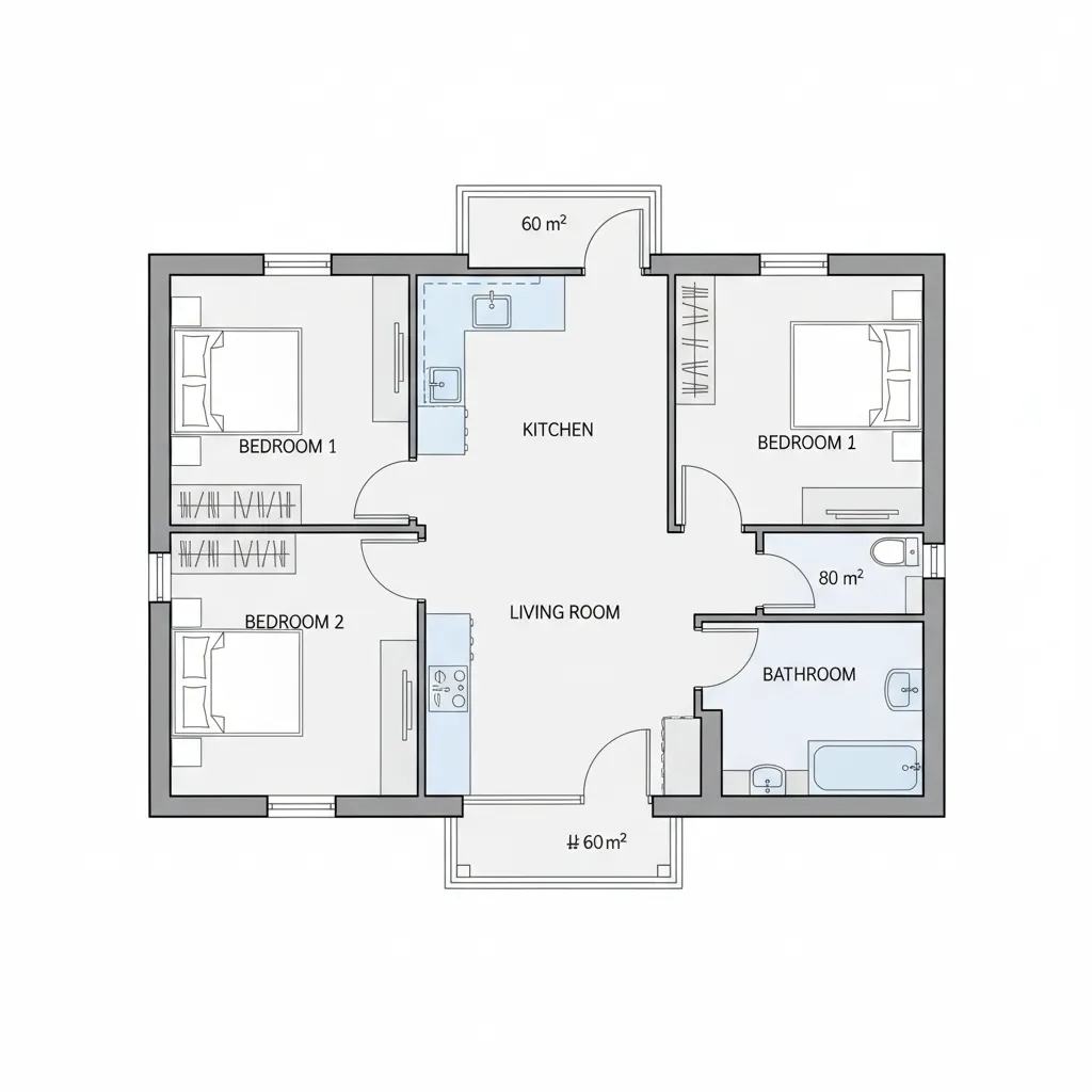 Simple floor plan showing three bedrooms kitchen living room bathroom and two small outdoor balconies
