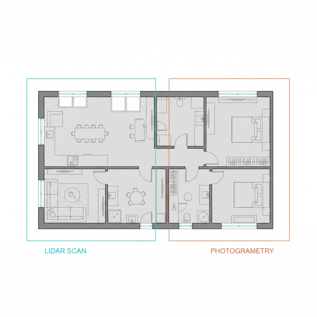 Visual comparison showing accuracy differences between photogrammetry and LiDAR floor plan capture