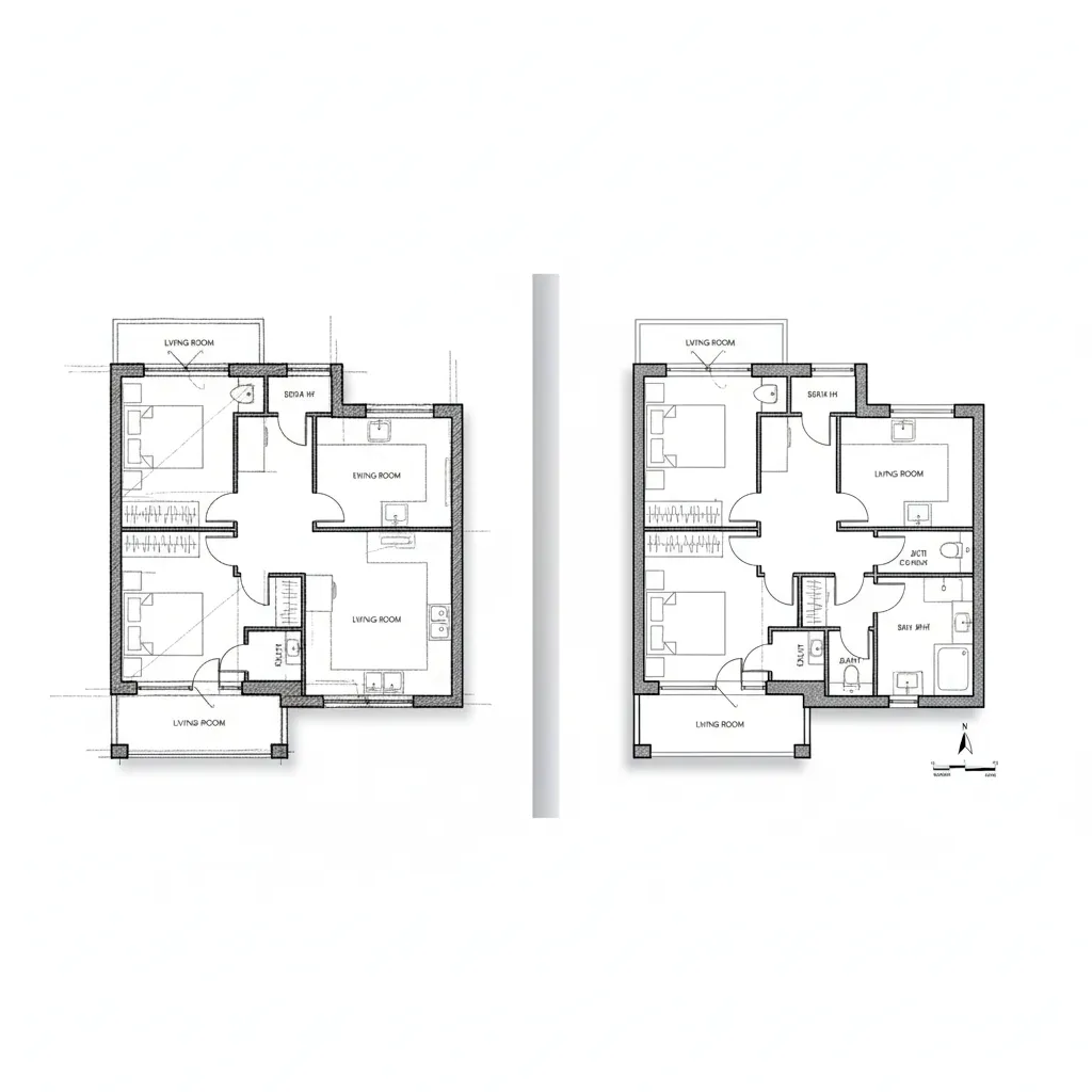 Side by side comparison of automated floor plan output and manually refined CAD drawing