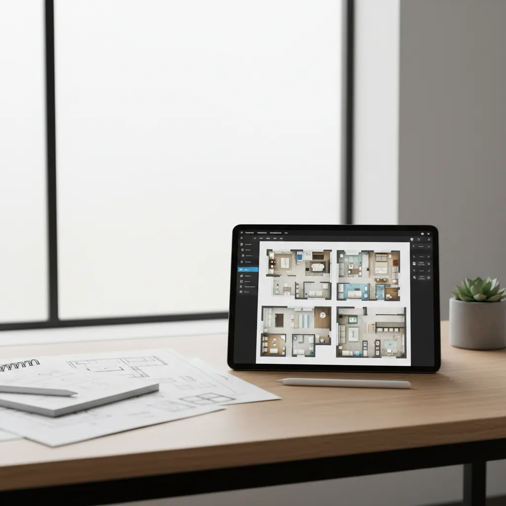 Tablet displaying different floor plan design apps for comparison