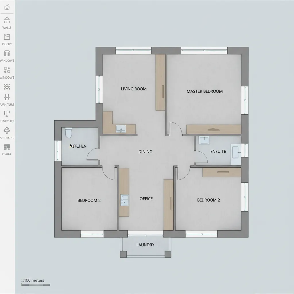 House floor plan layout showing living room dining area kitchen two bedrooms office and laundry