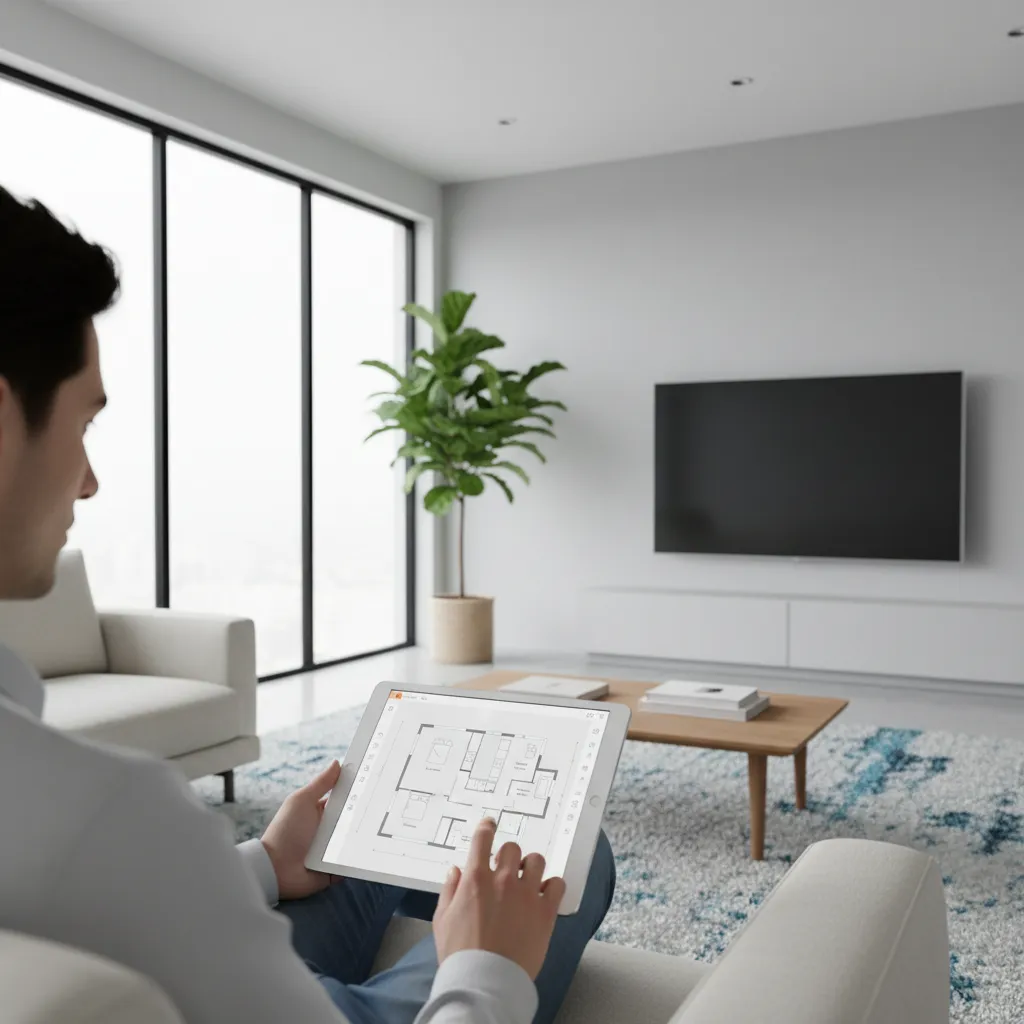 person using tablet app to design a home floor plan layout