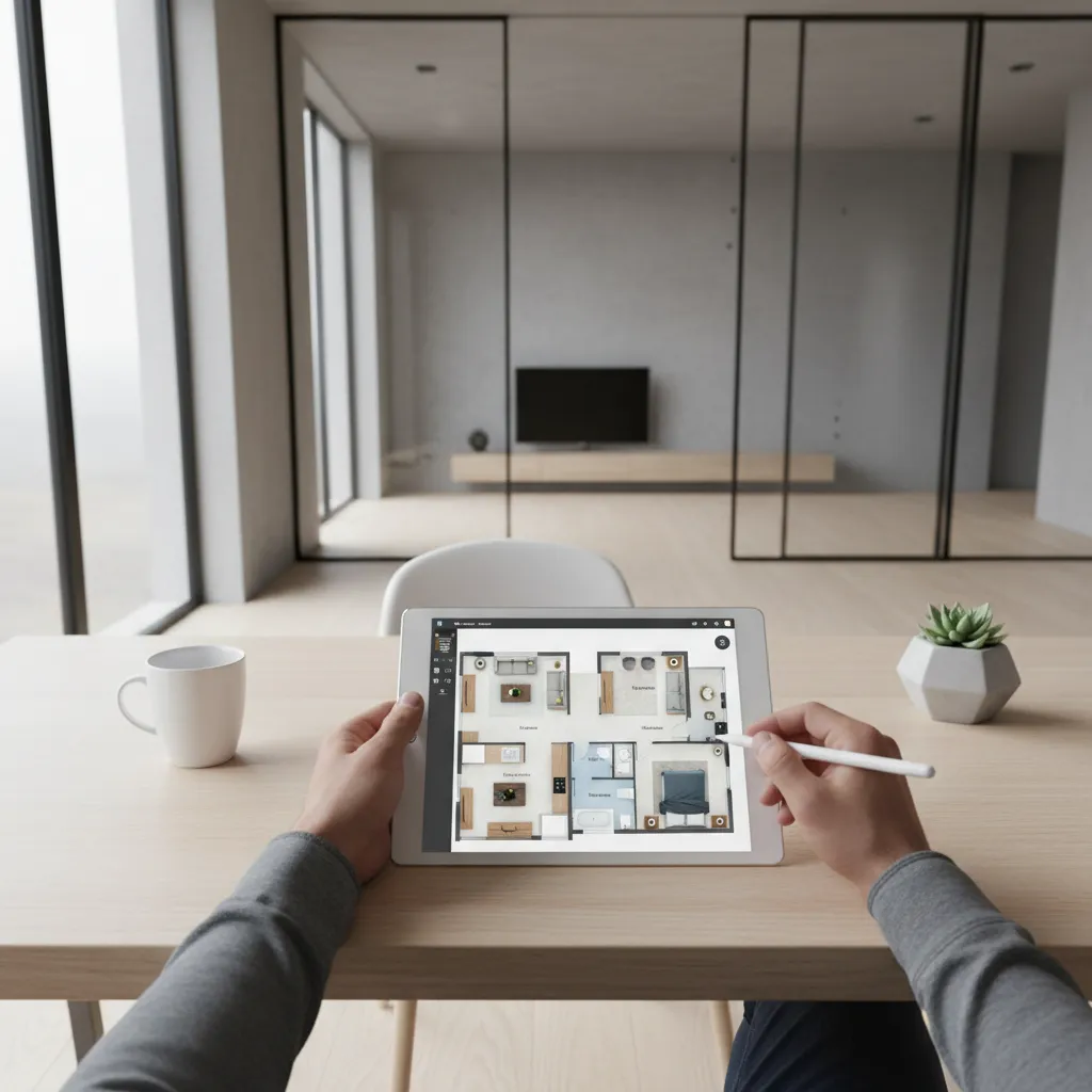 person using floor plan design app on tablet to create apartment layout