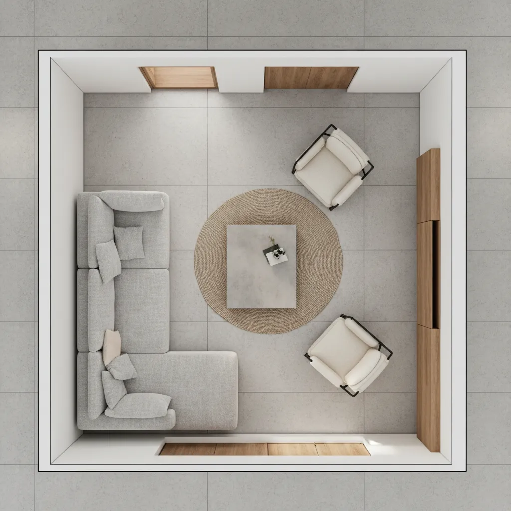 Digital floor plan showing sofa, coffee table and chairs arranged in a living room layout