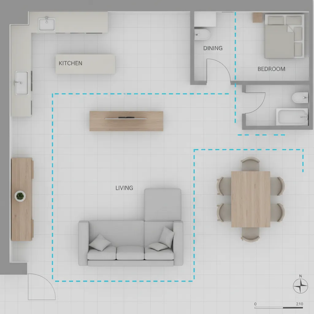 Digital floor plan with sofa dining table and walking space measurements