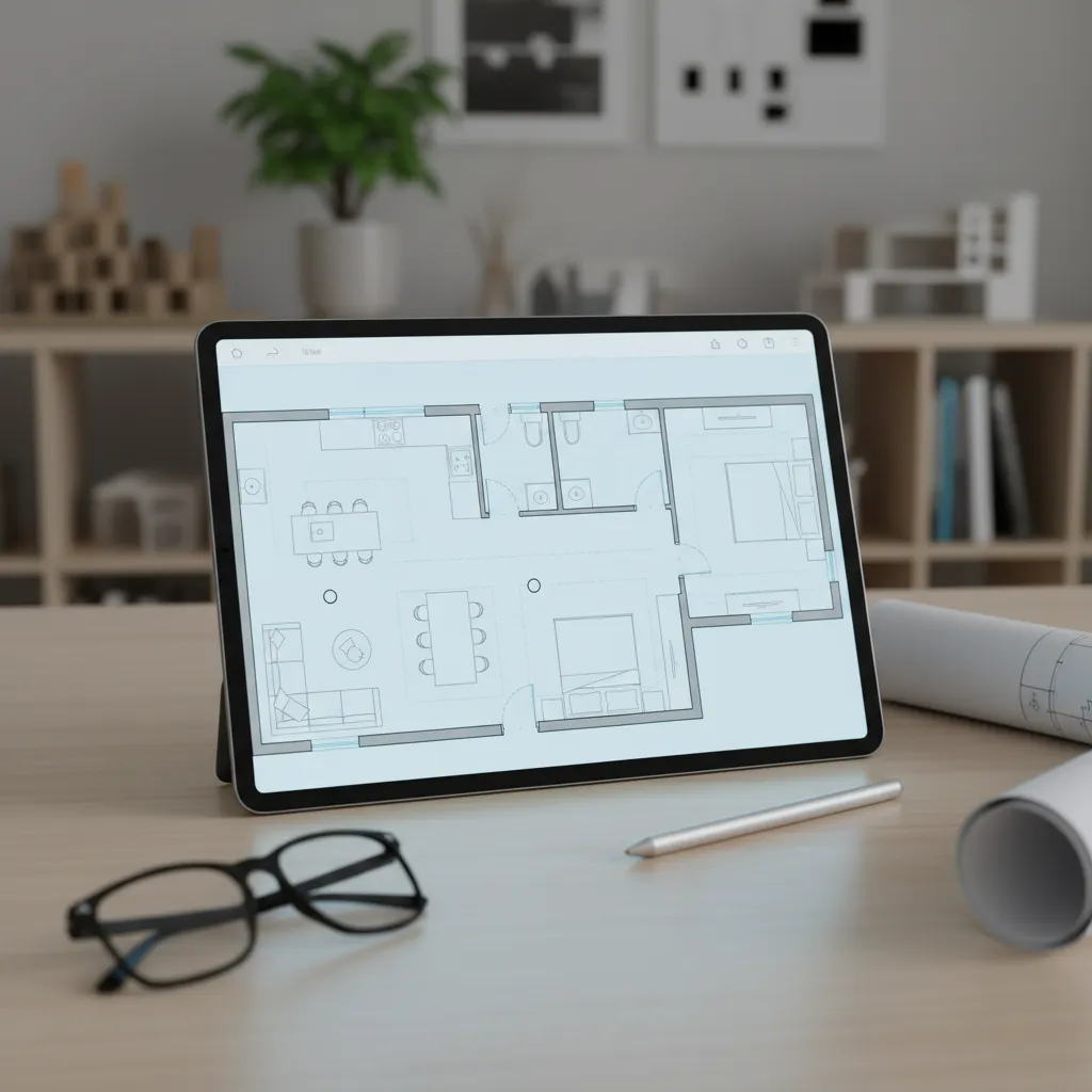 digital floor plan layout of a modern apartment displayed on a tablet