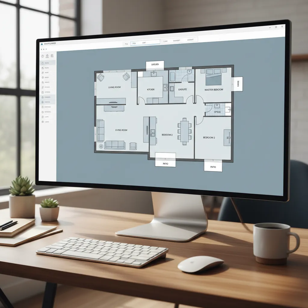 Computer monitor on a wooden desk displaying a detailed 2D floor plan software with rooms