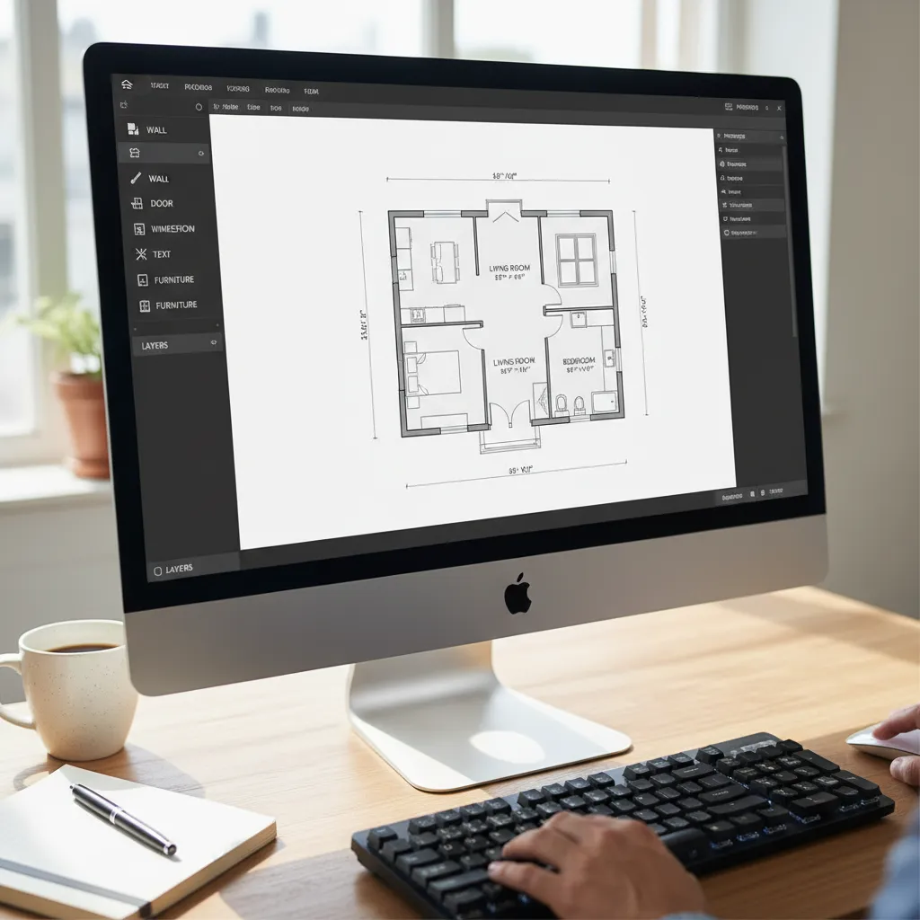 Person using a computer to create an interior design drawing showing a small room layout