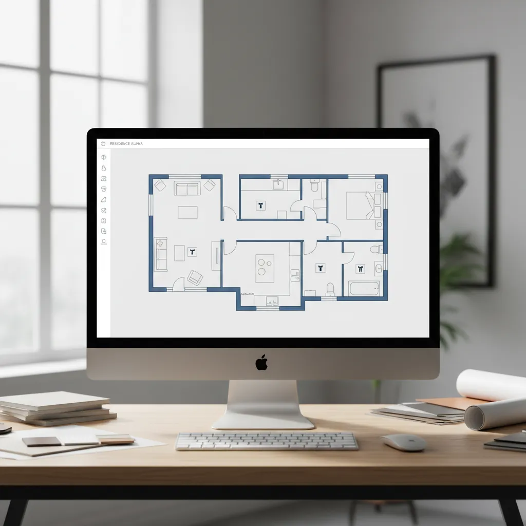 Digital floor plan design interface showing room layout and furniture placement