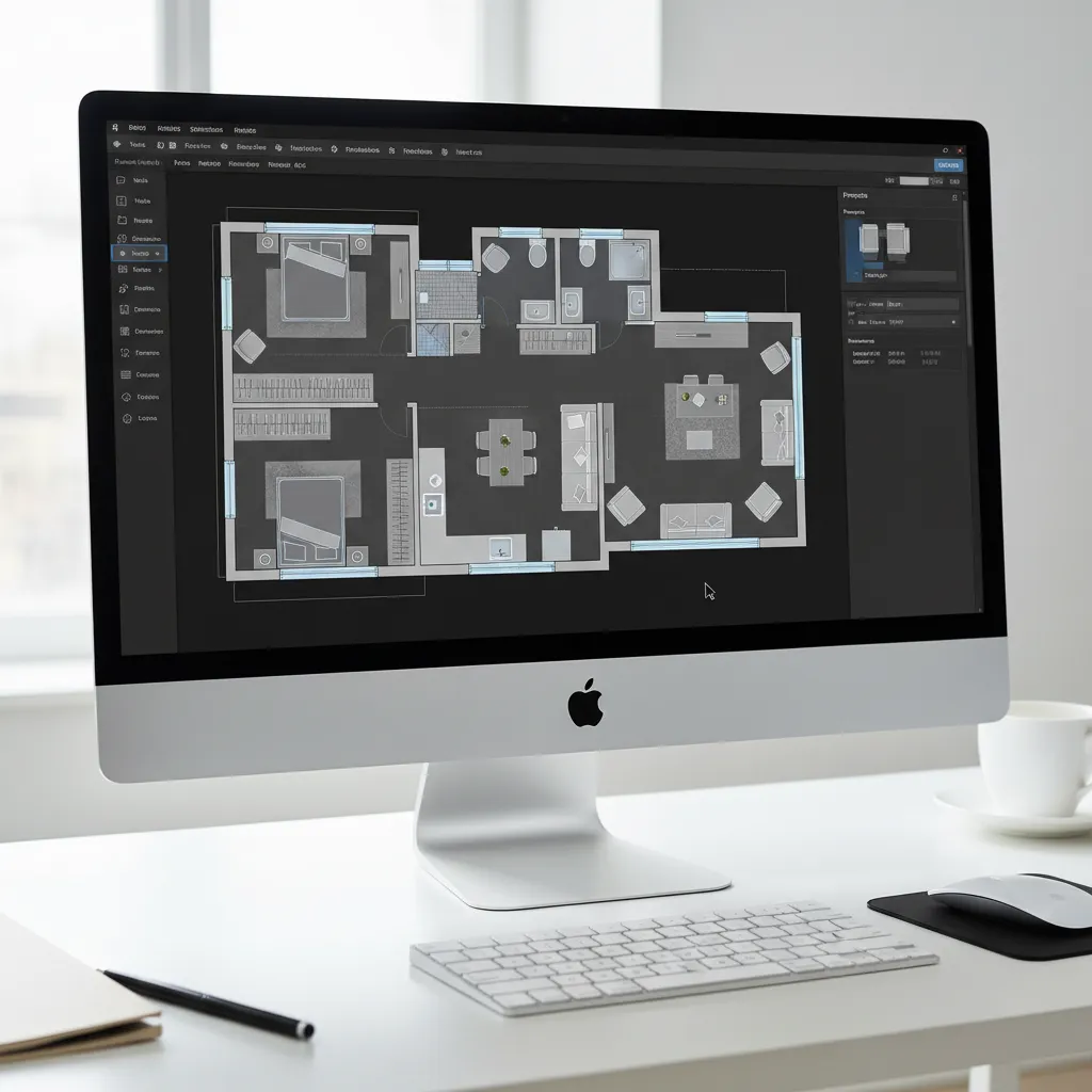floor plan creator app interface showing apartment layout with furniture