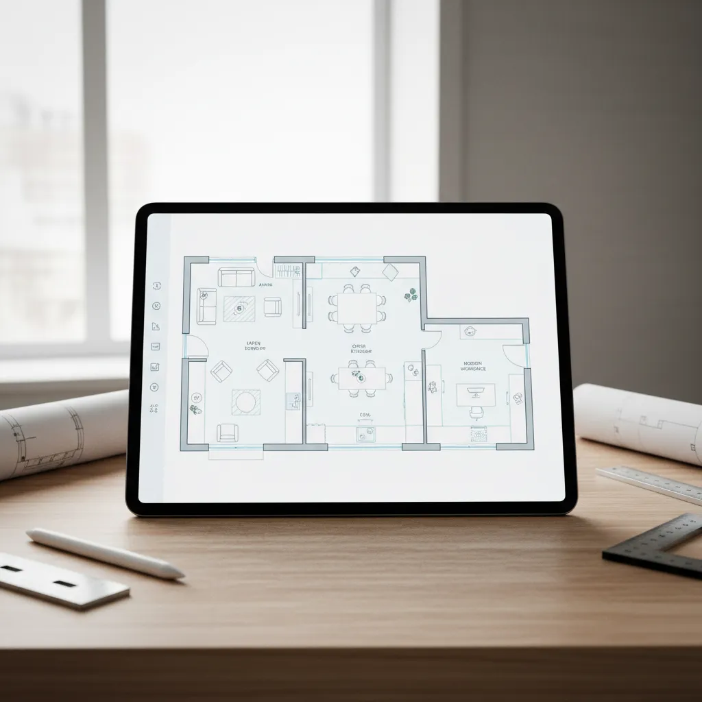 Tablet showing a digital floor plan layout with furniture placement