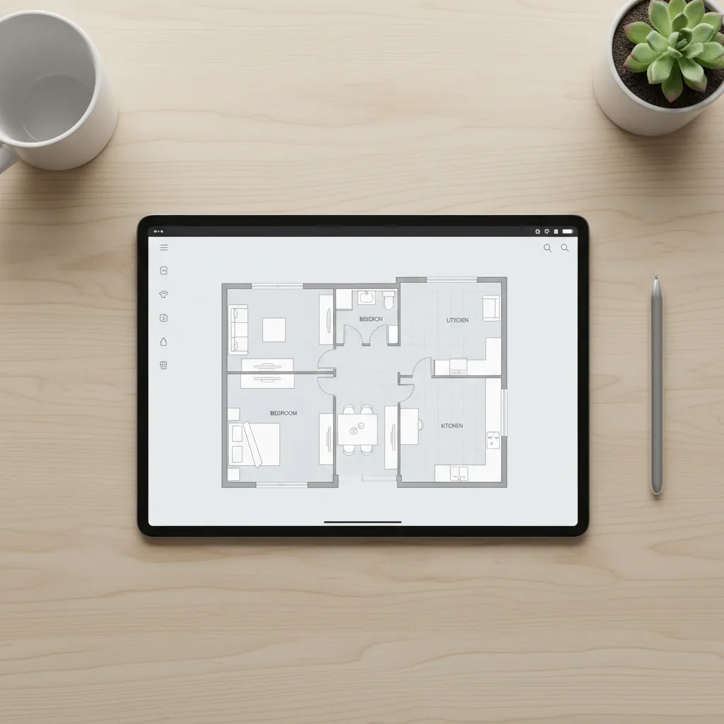 Digital floor plan creator app interface showing room layout and furniture placement