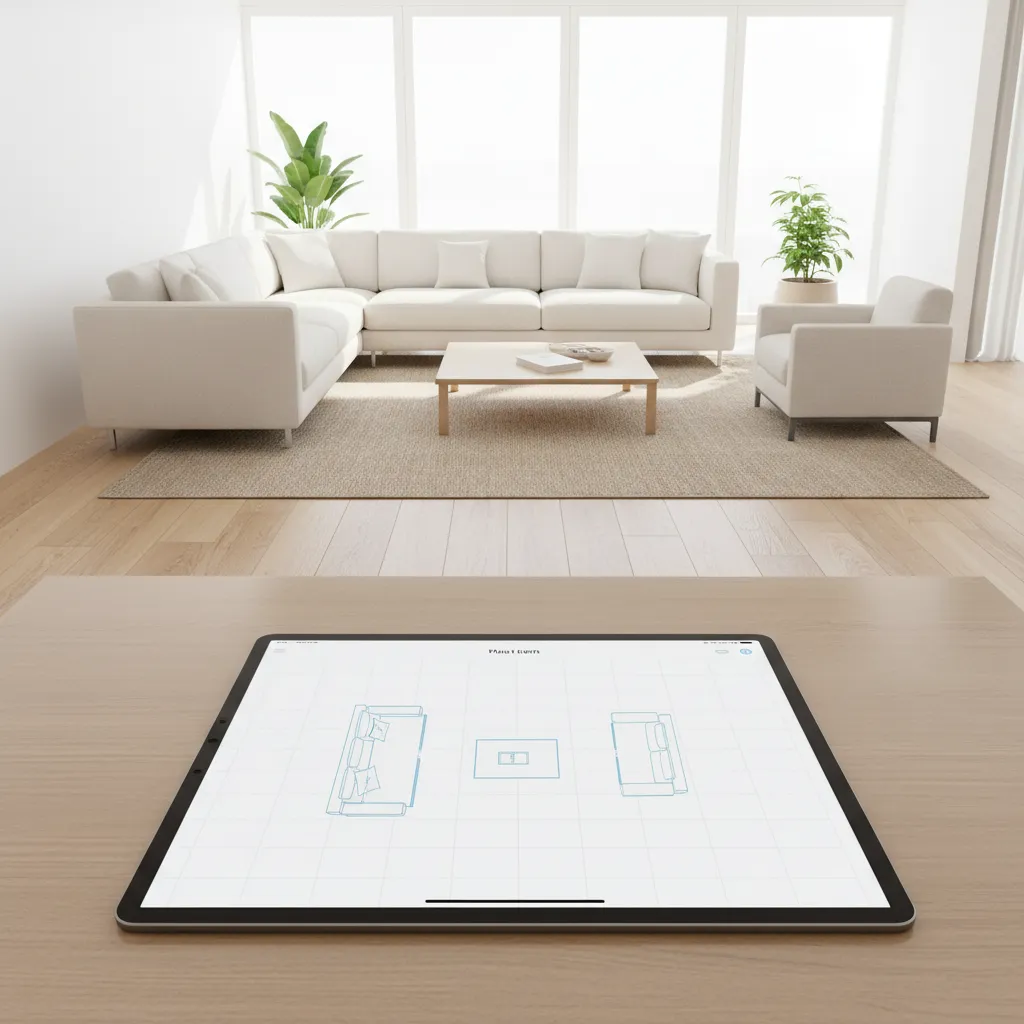 Tablet showing floor plan layout app in a living room setting