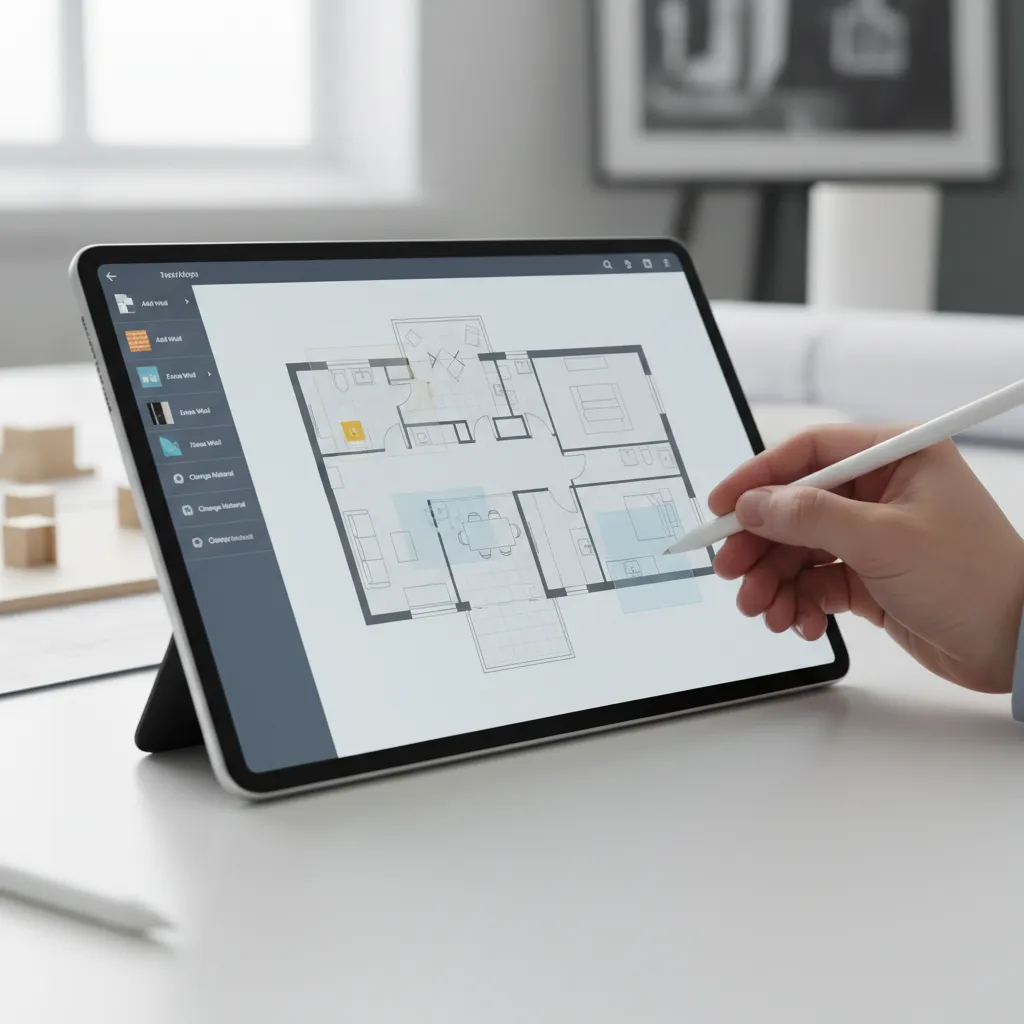 User adjusting walls and furniture placement in a floor plan design app