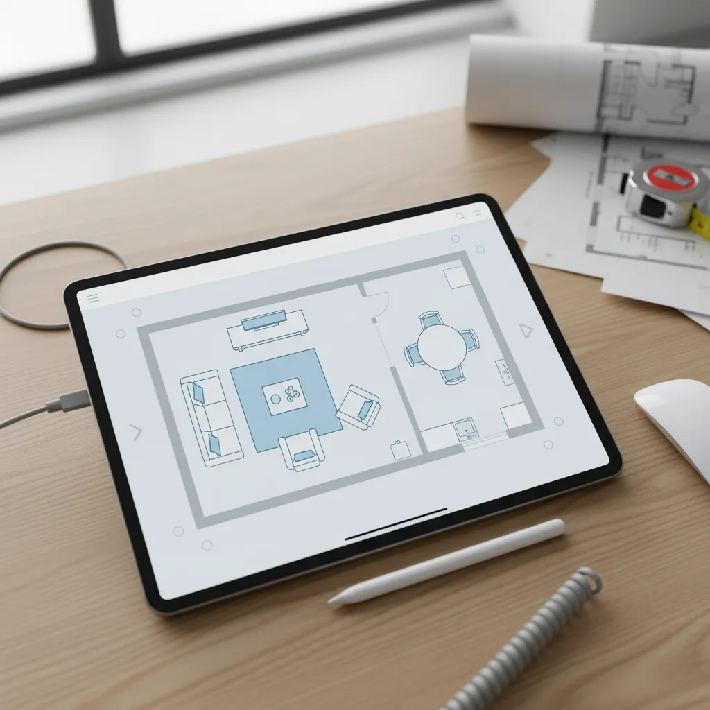 Tablet showing a simple room layout created with a floor plan creator app