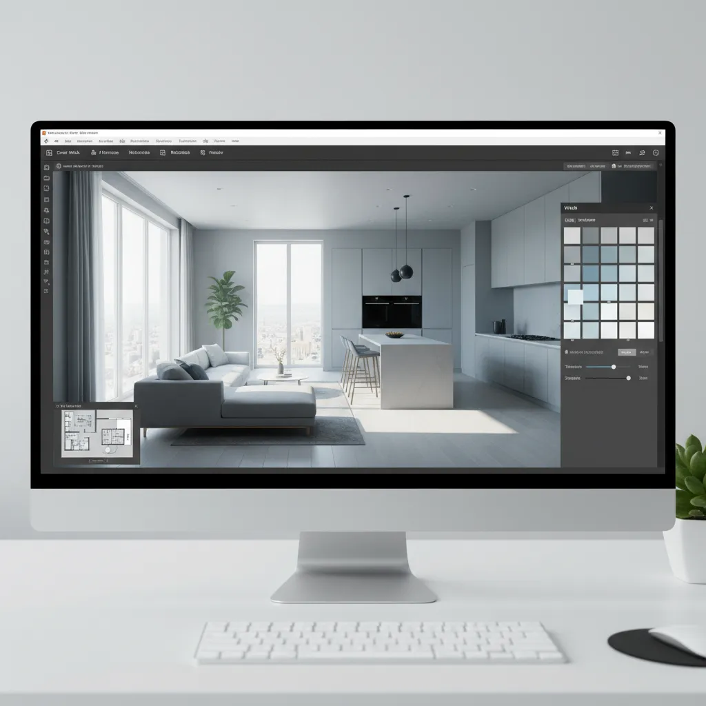 floor plan creator app interface showing wall color editing options and 3D preview