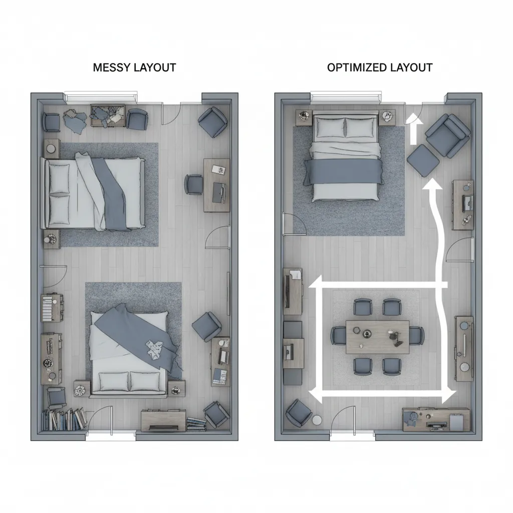 Before and after comparison of room layout improvement using drag and drop planning