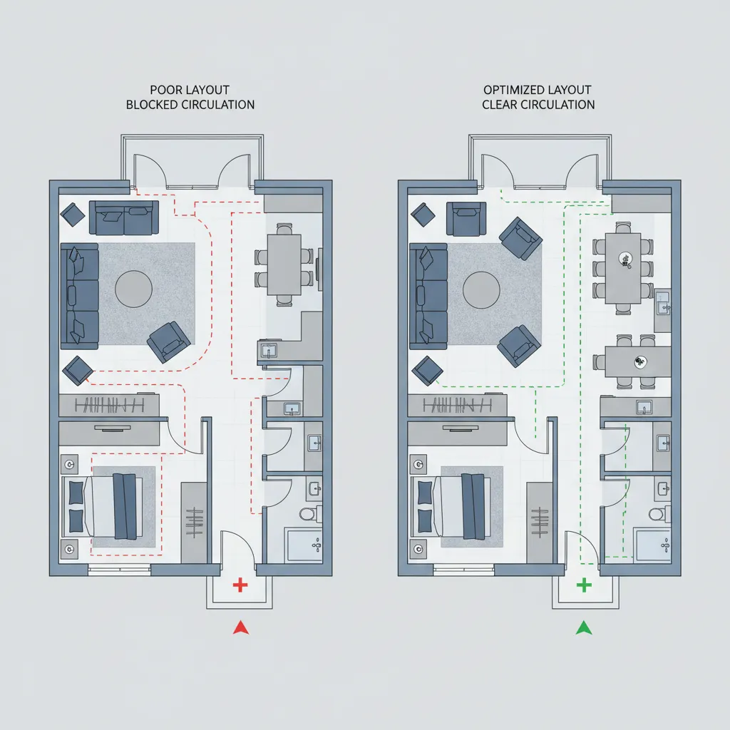 Comparison of poor vs optimized living room floor plan layout