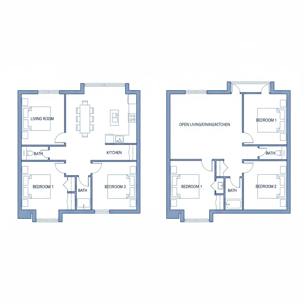 Before and after floor plan comparison showing wall removed between rooms
