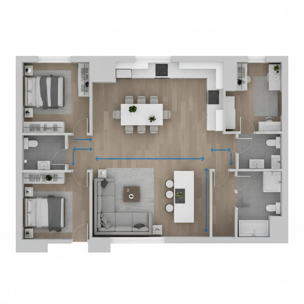 Interior floor plan showing furniture placement and circulation flow paths