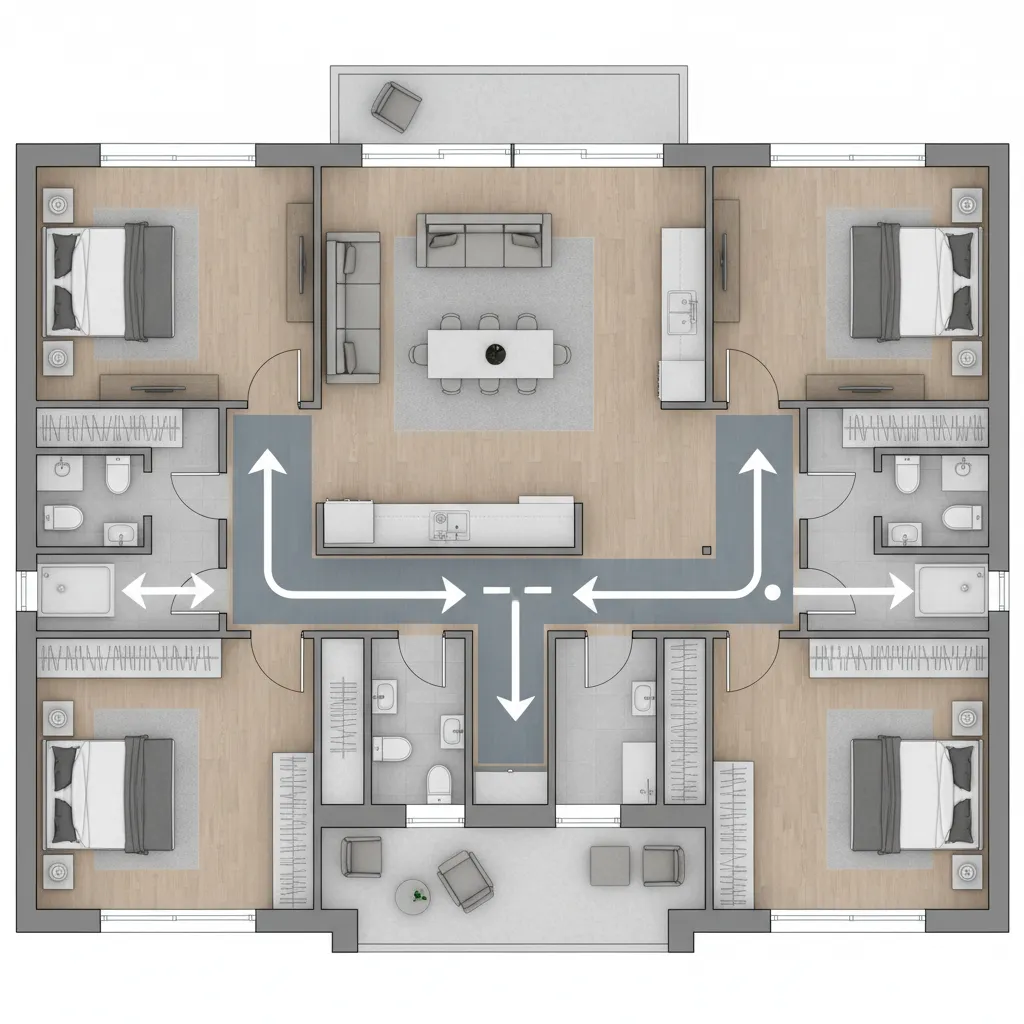 Floor plan diagram highlighting circulation paths between rooms