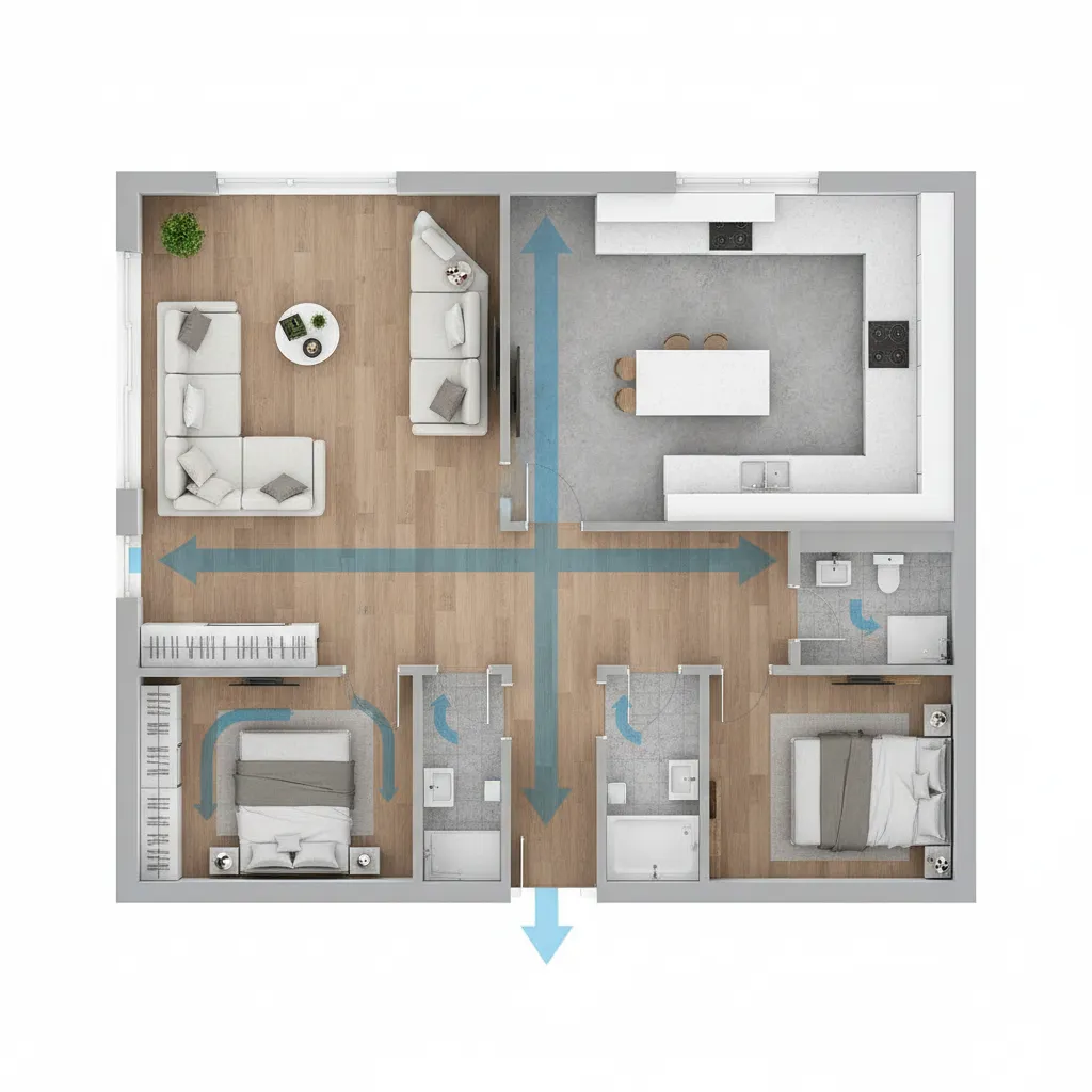 home floor plan showing circulation paths between living spaces