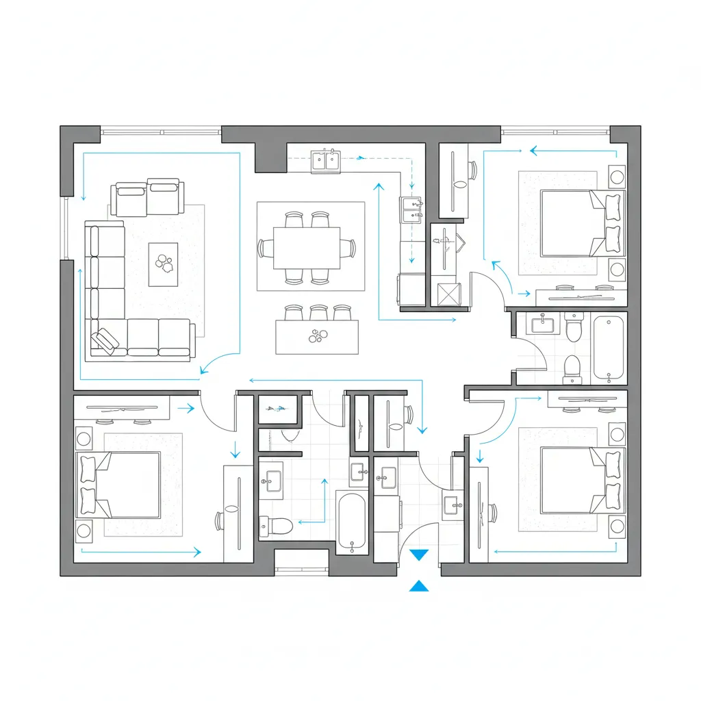 2D floor plan showing walking circulation paths and space planning