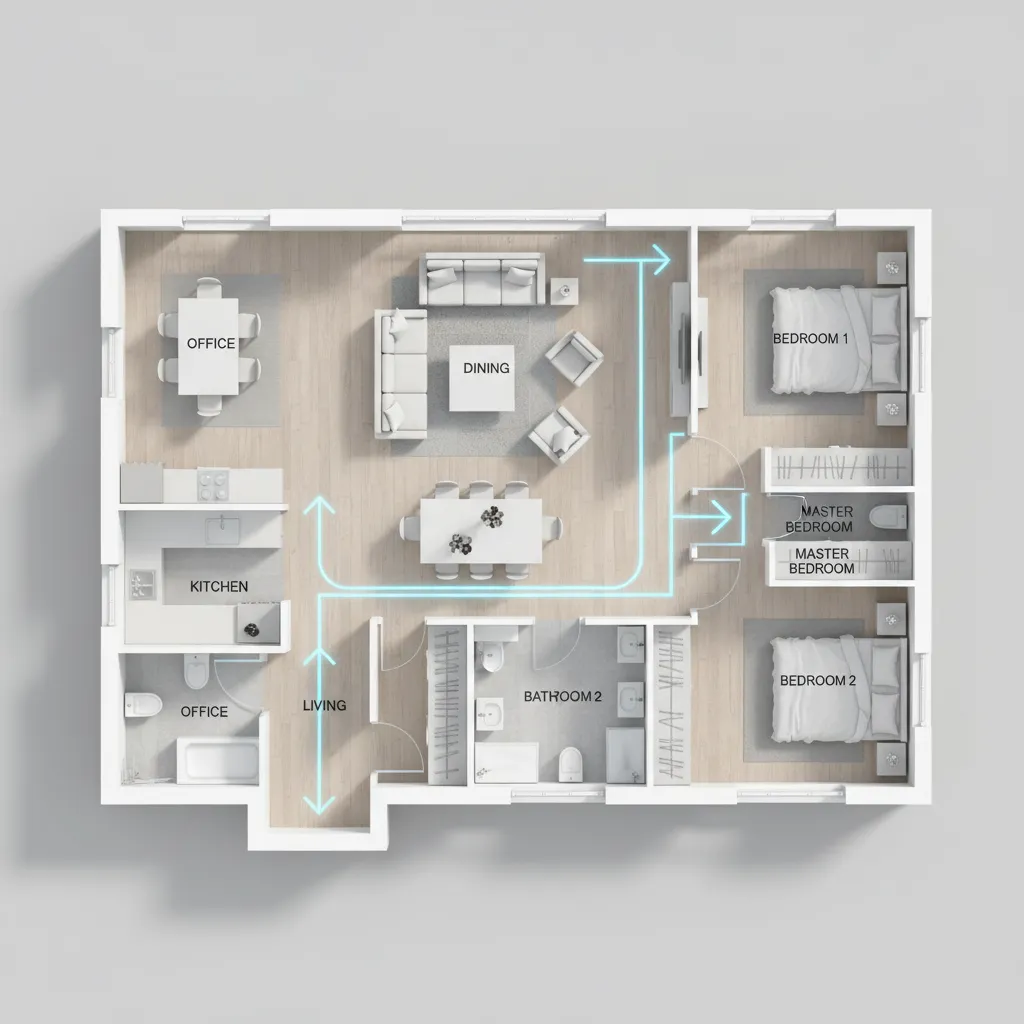 floor plan diagram showing improved circulation paths between rooms