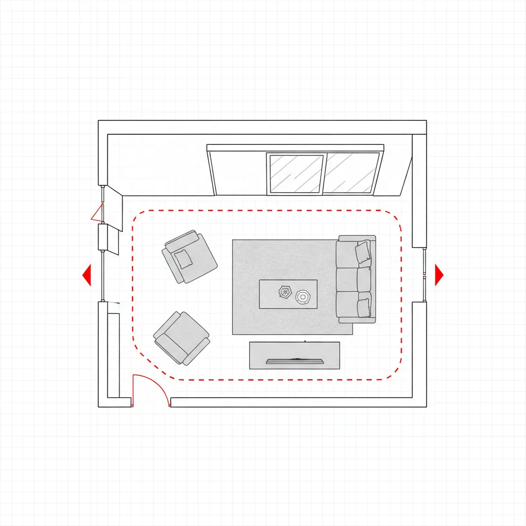 Floor plan showing circulation pathways in room layout