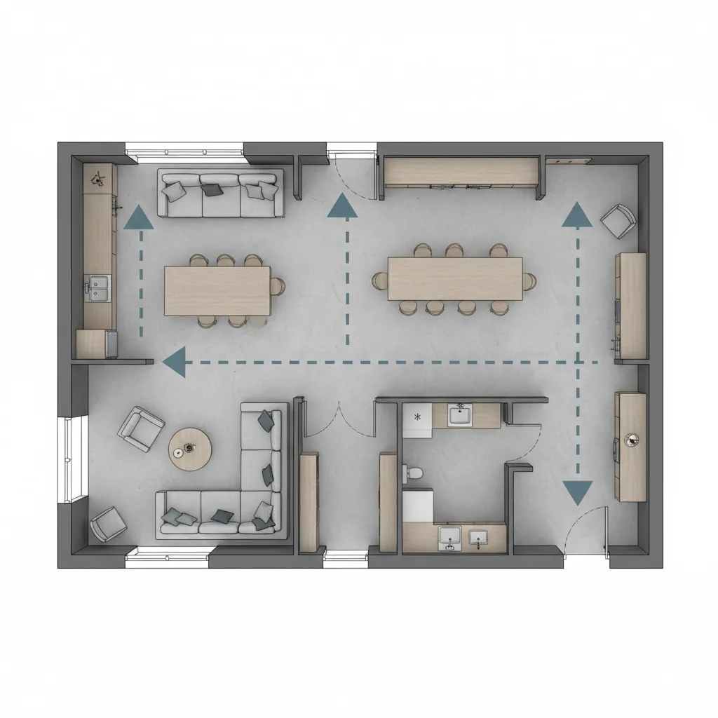 home floor plan showing circulation paths between rooms