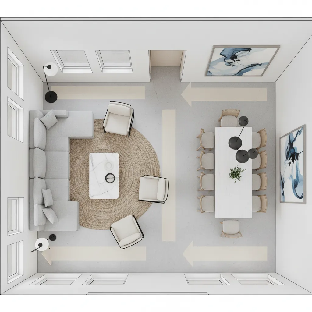 Top view floor plan showing clear walking paths between furniture