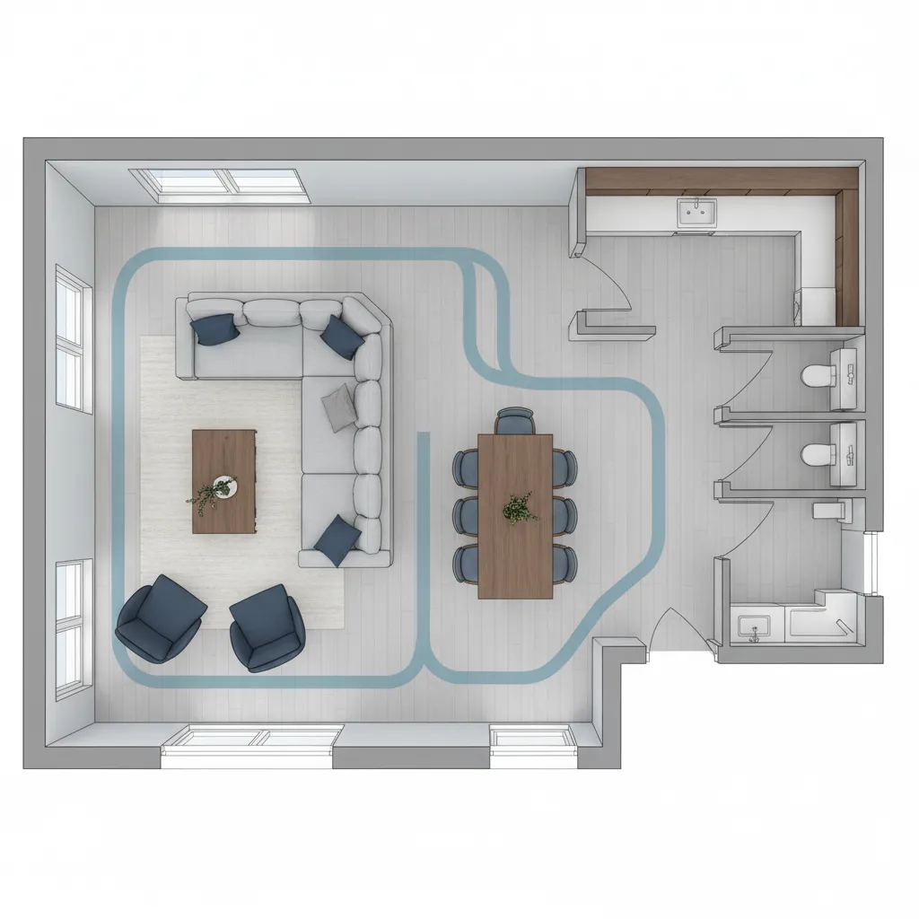 Interior layout diagram showing furniture placement and walking circulation paths
