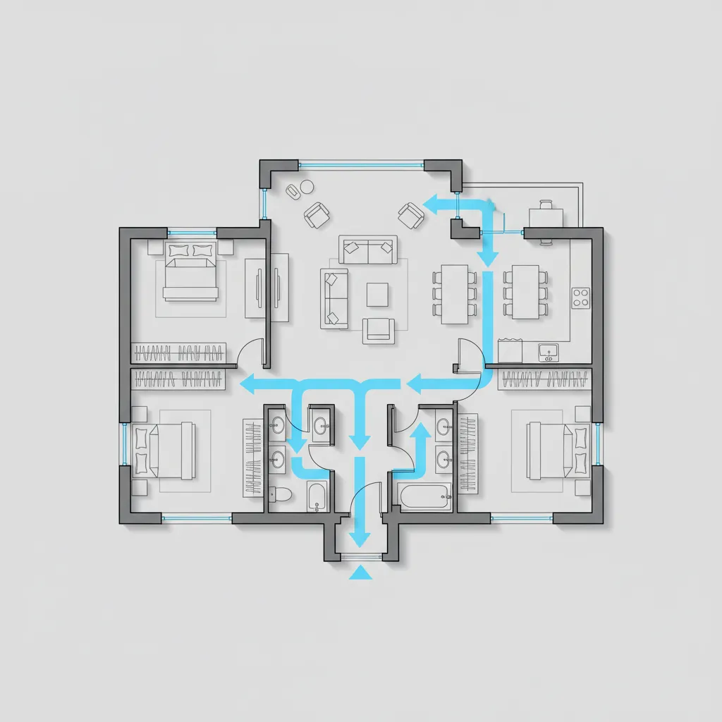 2D floor plan diagram highlighting walking circulation paths between rooms