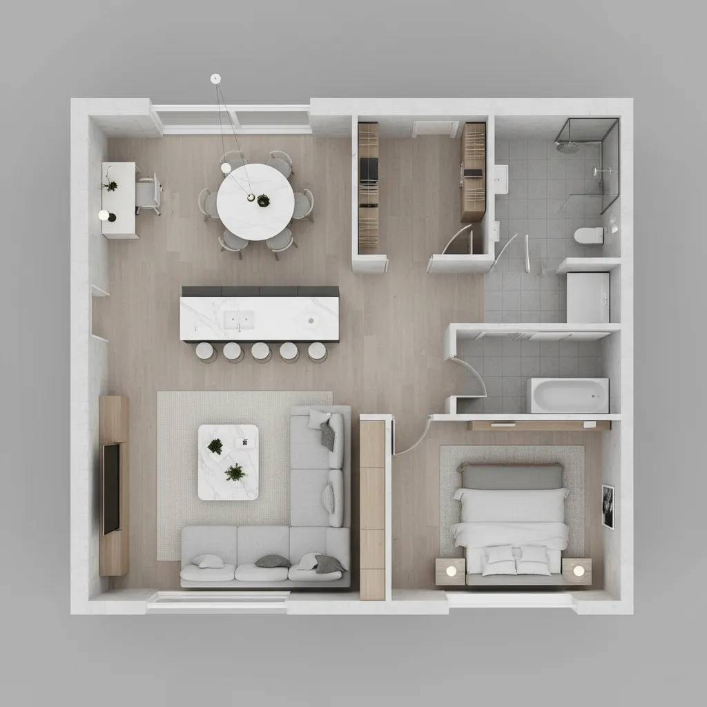 Top down interior design drawing showing one bedroom apartment layout with furniture and wood flooring