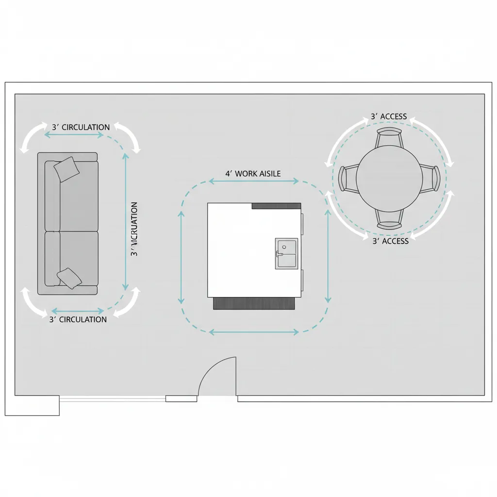 Floor plan diagram showing proper furniture spacing and clearance zones