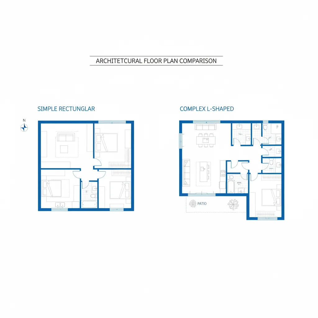 comparison between simple rectangular floor plan and complex house layout